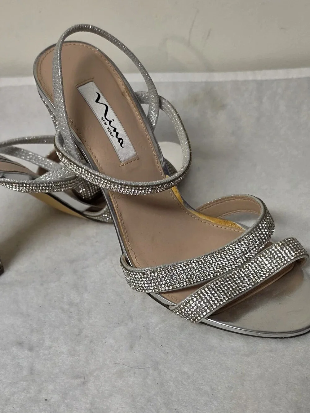 Nina Shoes Silver Crystal Block Heel Sandals